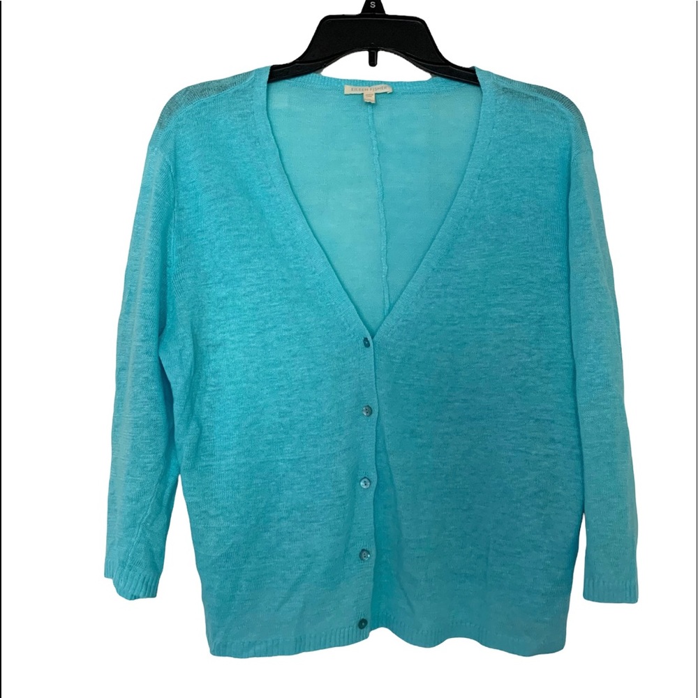 Eileen Fisher Robin Teal Blue Linen Cardigan V-neck Button Front Size L